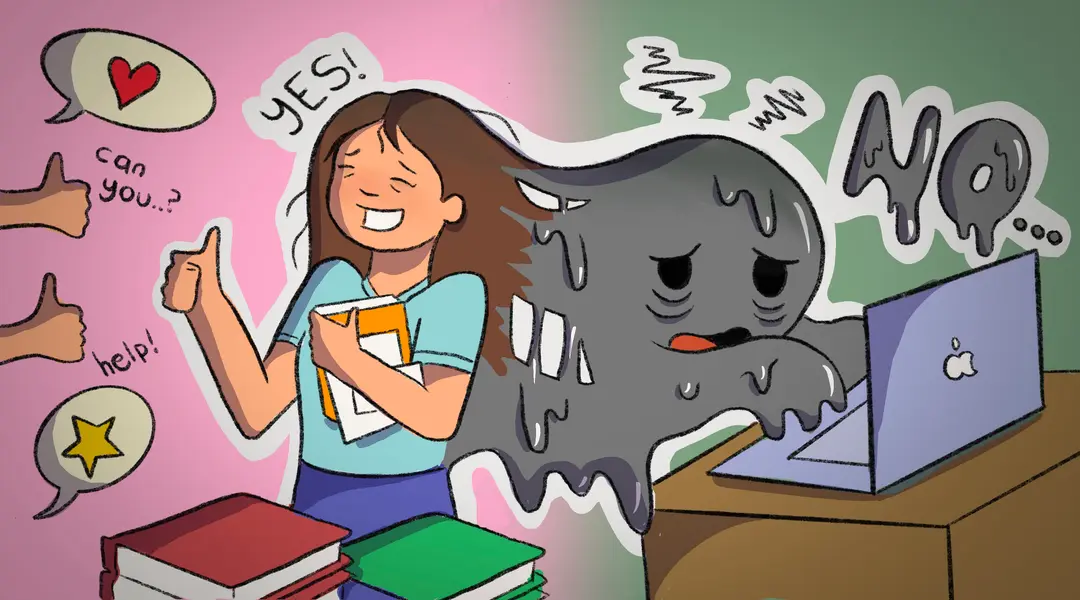 A two-sided image where a person on the left side is saying yes to every request given to them and on the right, turns into a pile of grey sludge saying "No" in a desperate manner. Meant to illustrate the struggle of a "people pleaser" personality.